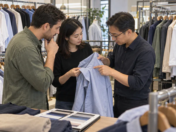 访客在无品牌服装档口查看衣物的服务示意。